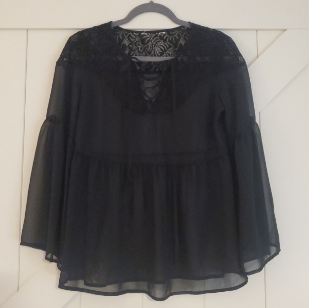 Decree 90s Y2K Black Sheer Lace Top Tiered Bell Sleeve Witchy Whimsigoth Gothic